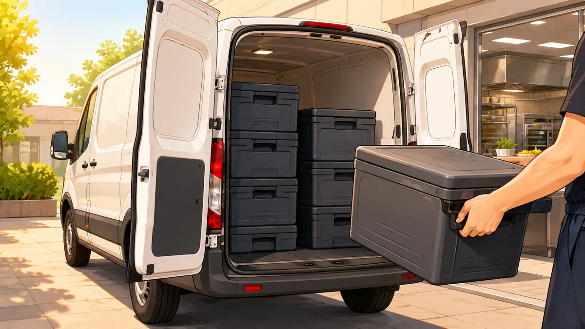 Warme Thermoboxen werden für die Auslieferung in den Lieferwagen geladen
