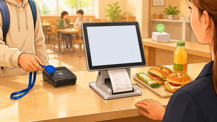 Illustration: Schulkiosk-Kasse mit Kassenbon, ein blauer Bezahlchip wird an das Terminal gehalten