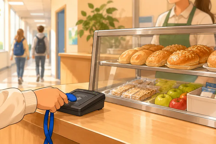 Illustration: Schulkiosk — ein Kind bezahlt mit dem Chip